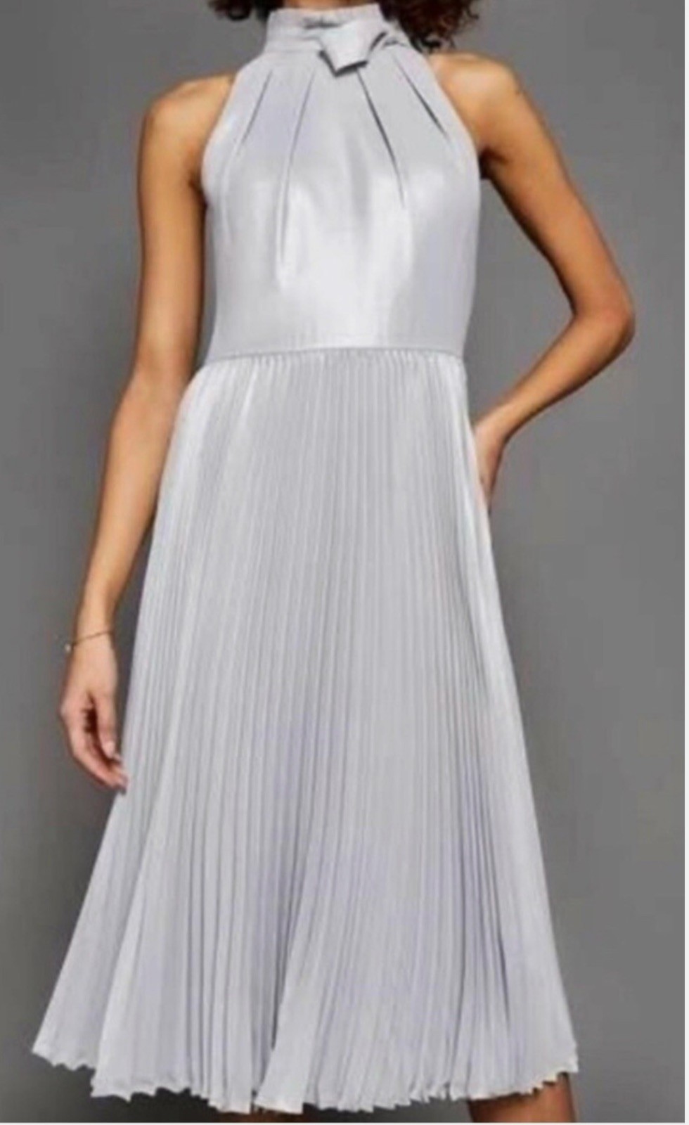 Ted Baker Oliver Silver Grey High Neck Pleated Dress Bow Metallic
