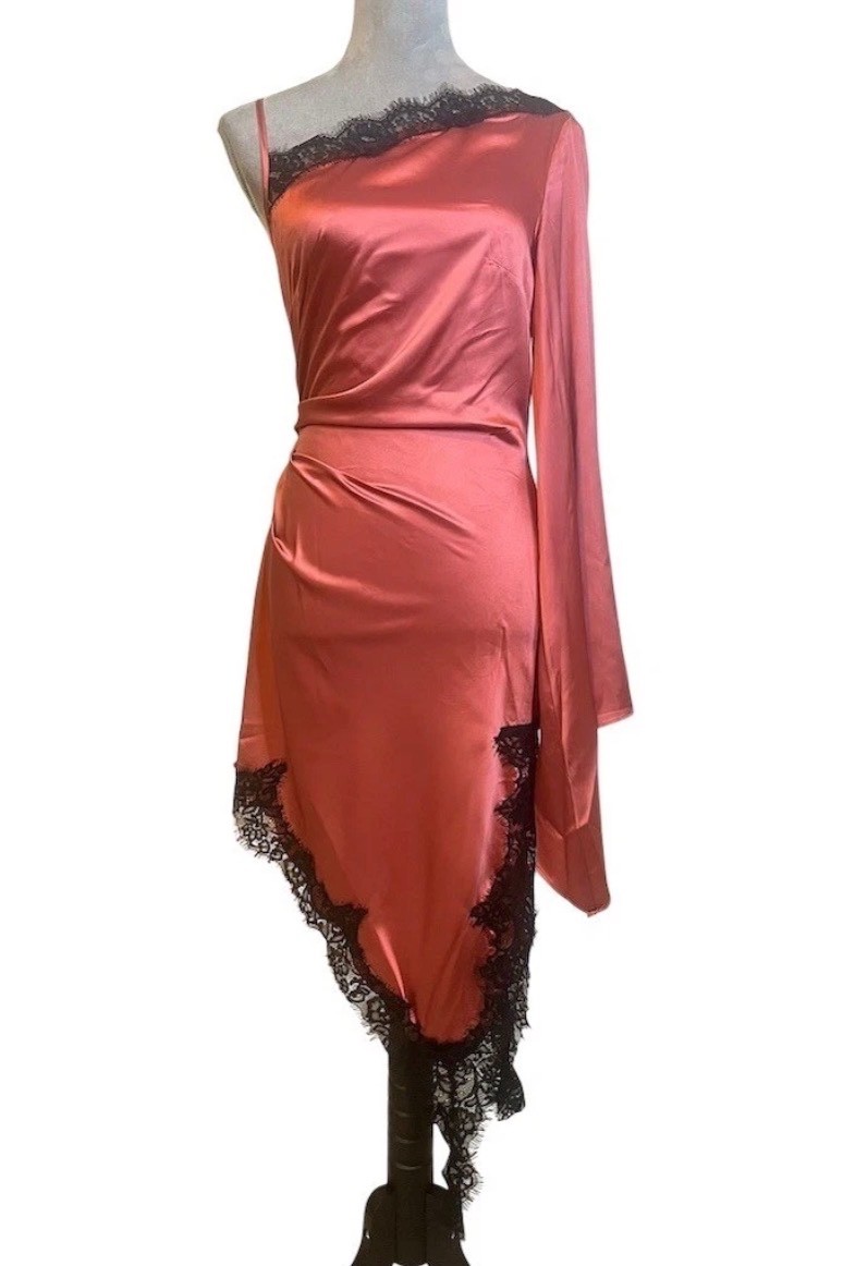 Silky Satin Asymmetrical Pink Dress M One Shoulder Midi Lace Trim Cocktail Party