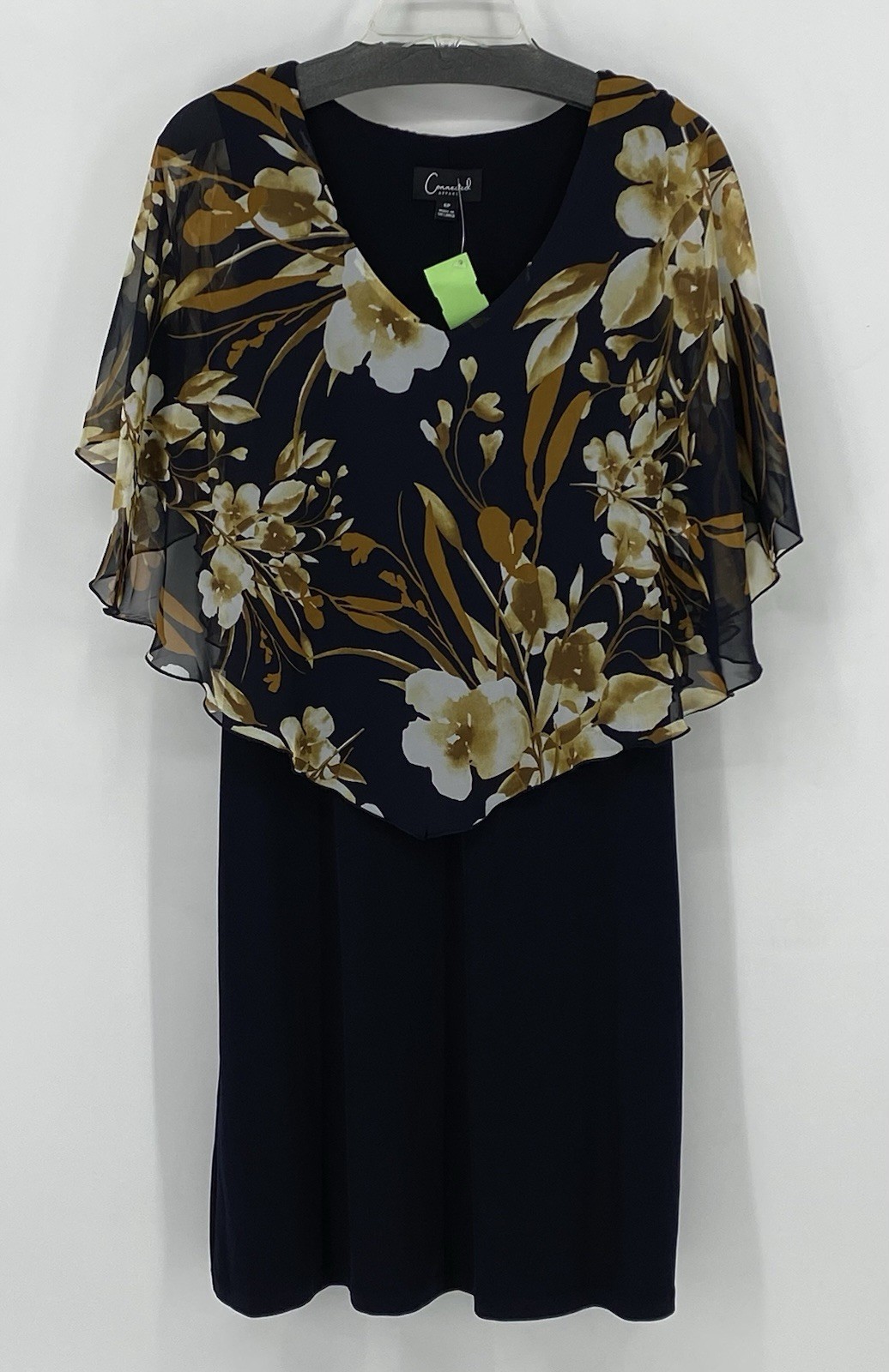 Connected Apparel Women’s Dress Navy/Mustard Sheer Cape Floral 6 Pet