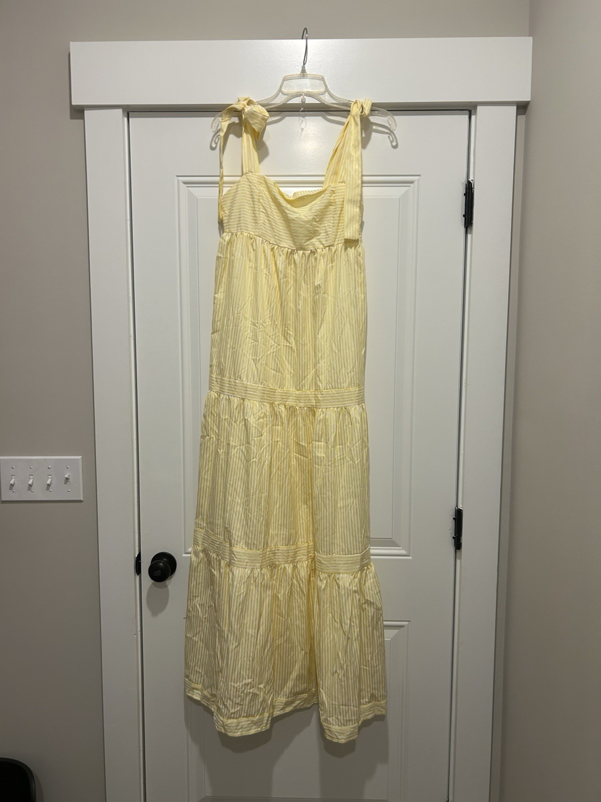 Yellow White Striped Tiered Maxi Tie Straps Maxi Dress Size Medium Brunch Girly