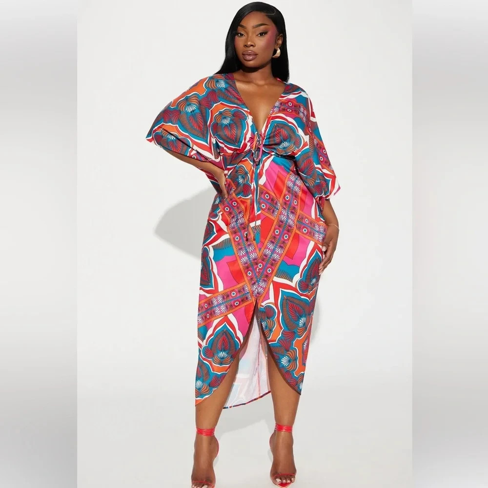 NWT Fashion Nova Women’s Jamaican Breeze Kaftan Midi Dress in Rust/Combo Sz. 3X