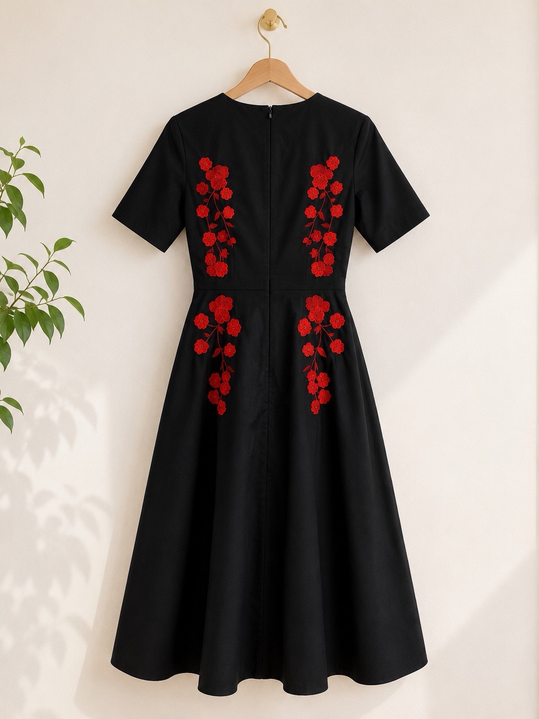 FANM MON Black Cotton Cherry Blossom Embroidery Short Sleeve Midi Dress NWT XS
