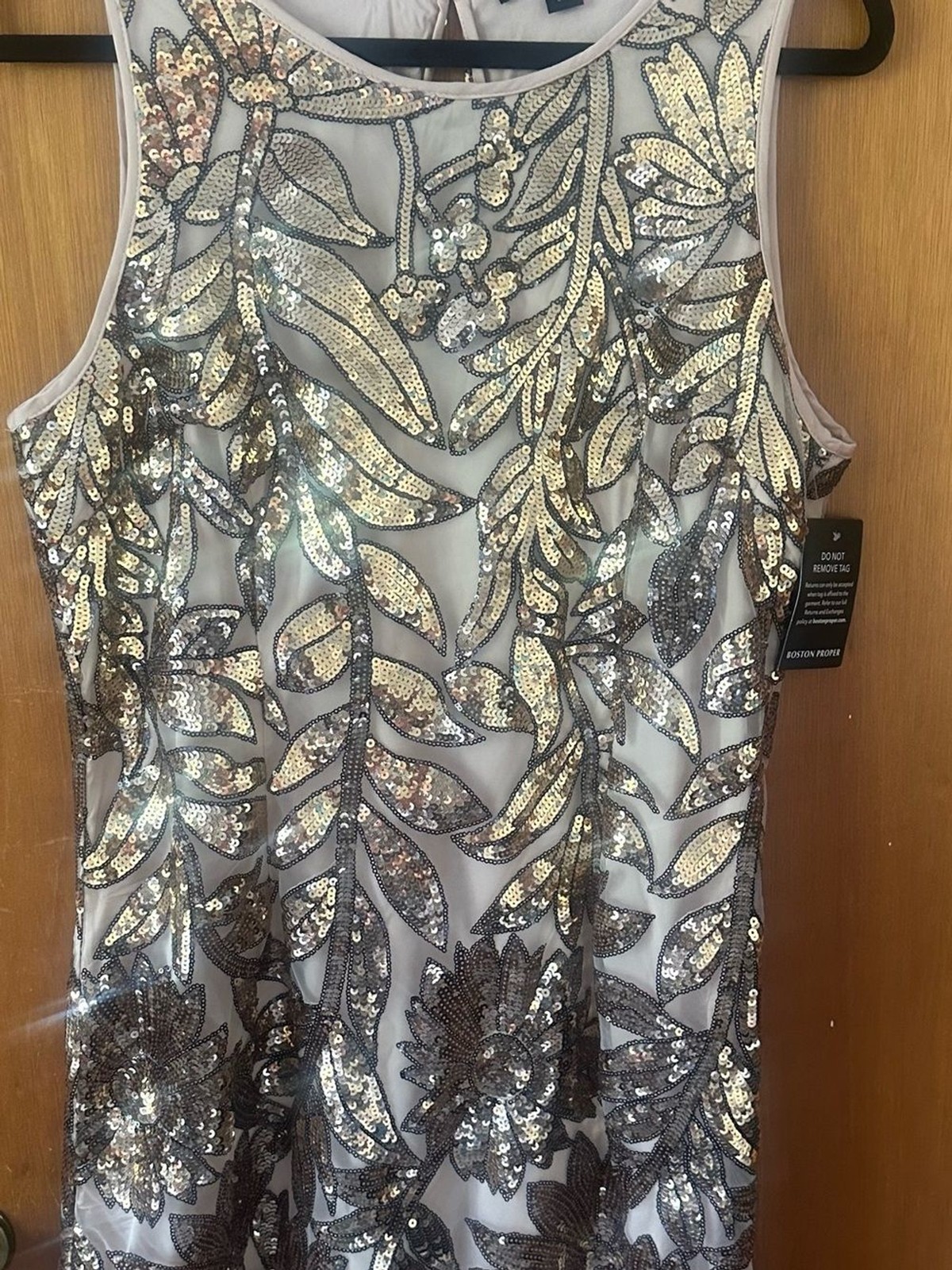 NWT Boston Proper High Neck Floral Sequin Sheath Dress – Gold/Beige – Size 14
