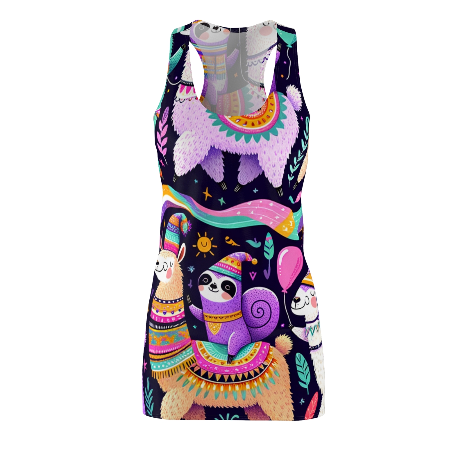 Women’s Racerback Dress All Over Whimsical Animals Llama Sloth Hedgehog Circus