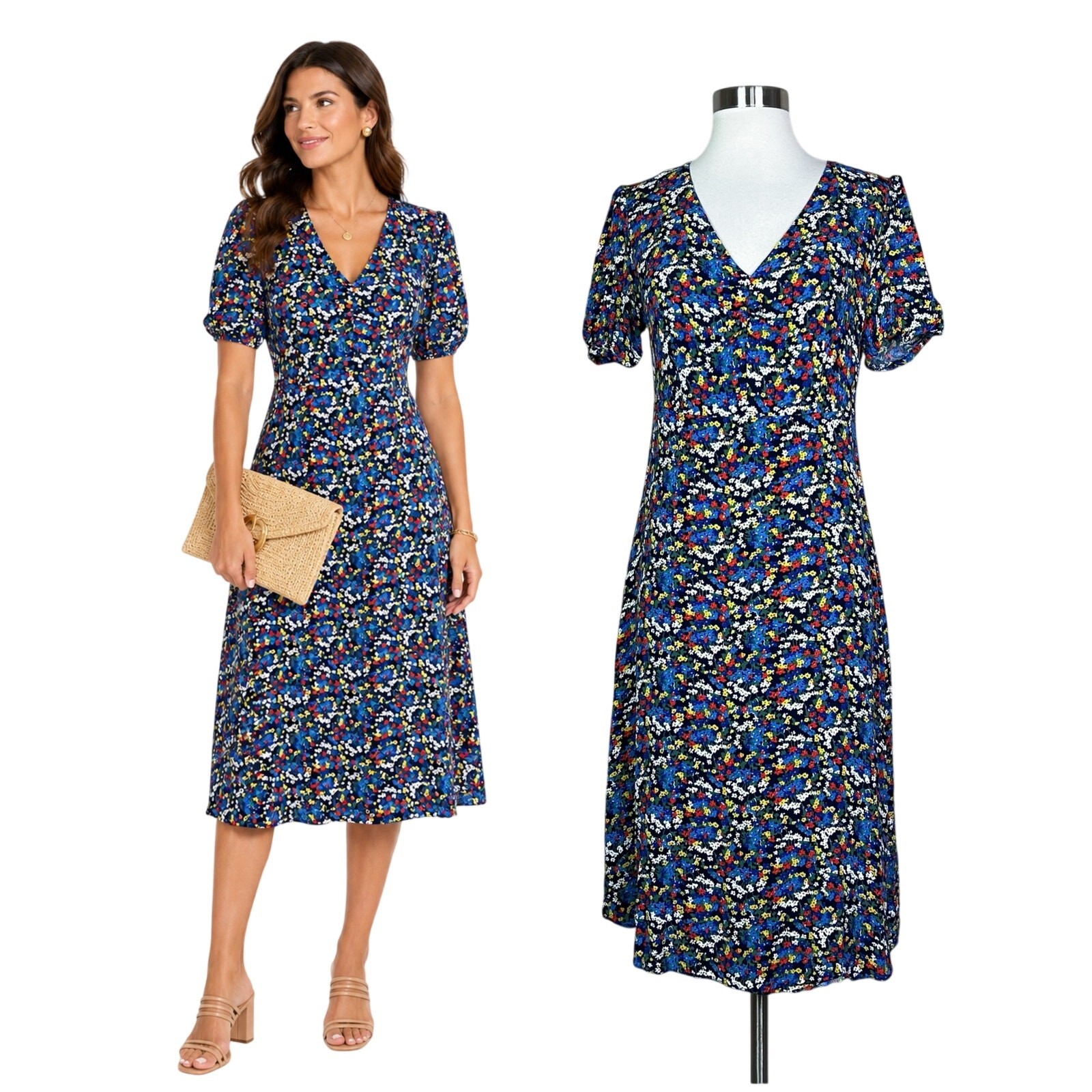 Boden | Tess Floral V Neck Puff Sleeve Navy Blue A Line Flowy Midi Dress US 8