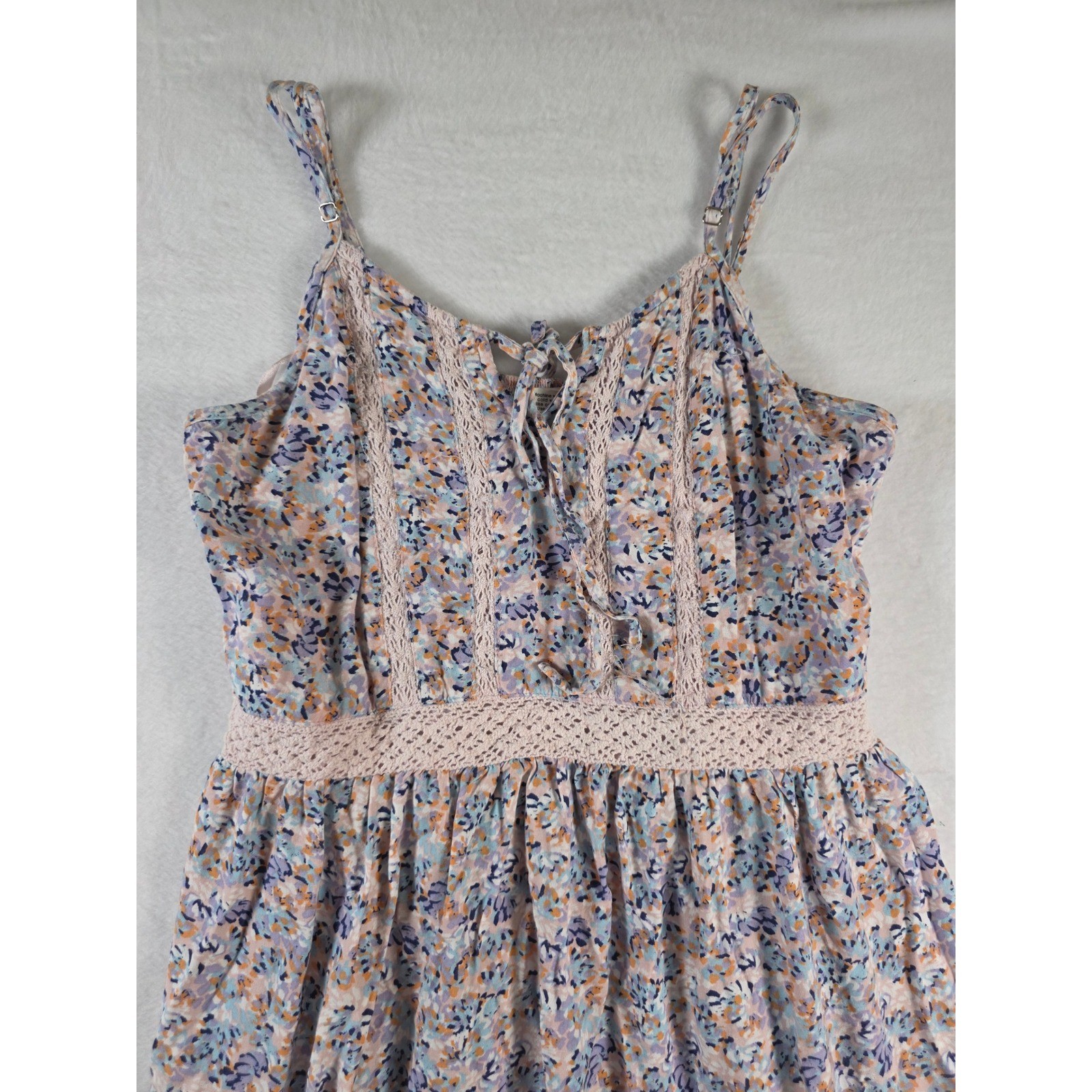 Floral Maxi Dress Crochet Ruffle Hem Large Pink Blue Boho Summer Cottagecore