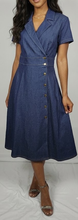 Shelby & Palmer Size 12 Denim Wrap Dress Short Sleeve Button Front Midi Indigo