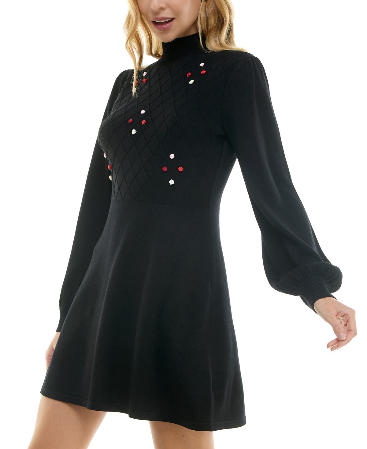 Crystal Doll Juniors’ Rosette Turtleneck Blouson-Sleeve Sweater Dress MSRP $69