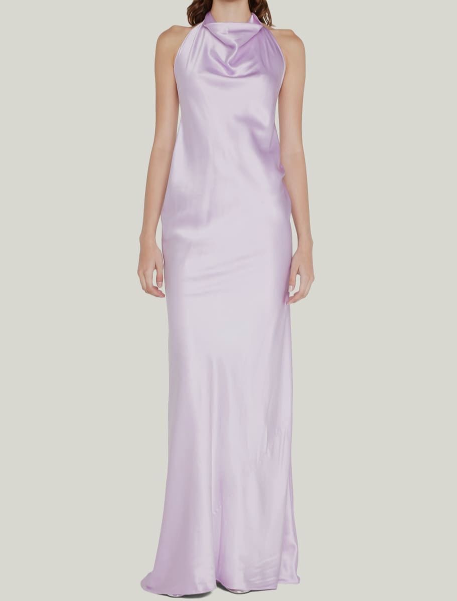 $2995 Sergio Hudson Women’s Purple Silk Sleeveless Cowl-Neck Halter Gown Size 6