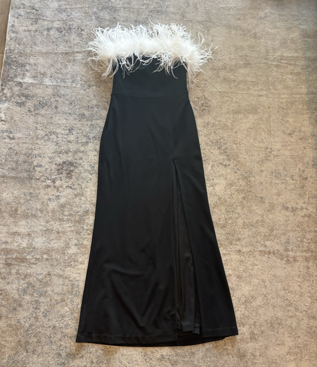 P Black Strapless Maxi Dress White Feather Trim Slit Formal Party Size M