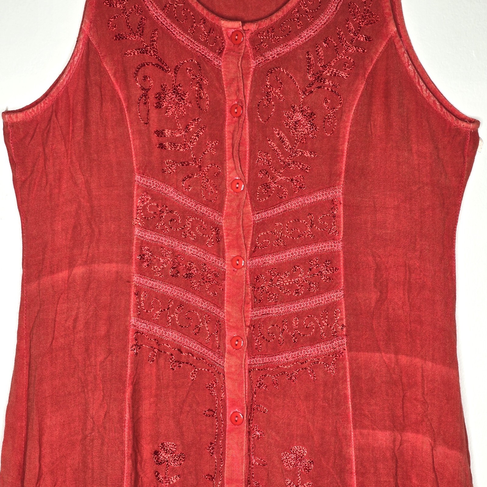 Embroidered Button Up Rust Orange M Tank Dress Waist ties Hippie Boho Artisanal