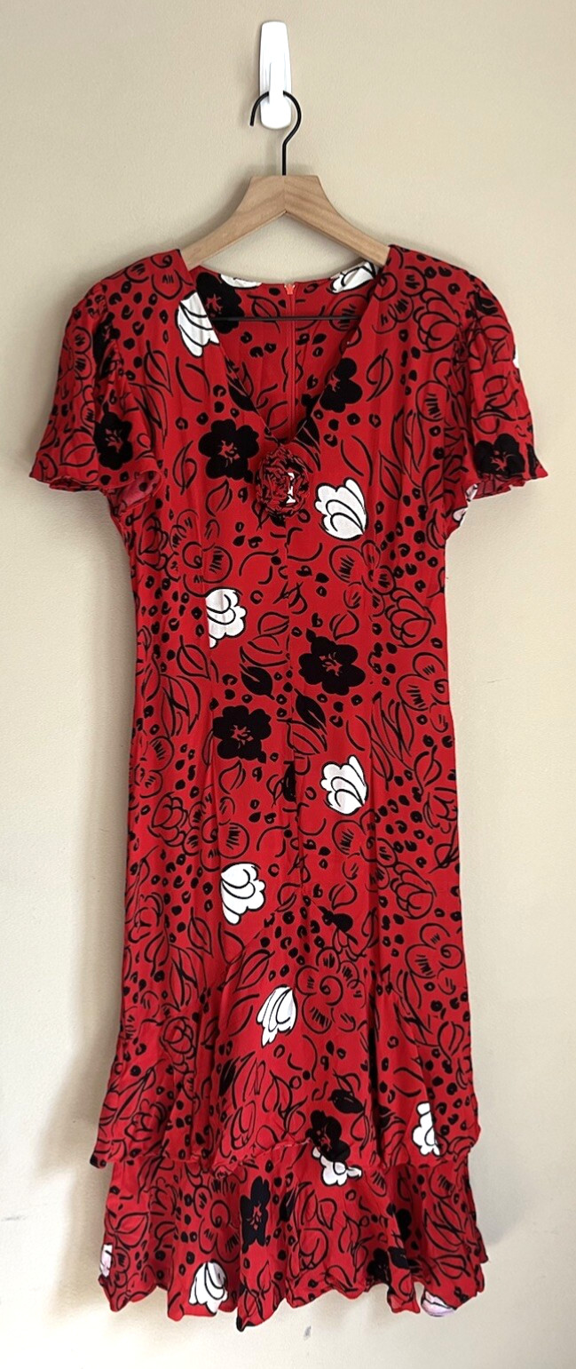 Vintage Dress Floral Party Rayon XS 0 2 Jane Singer Flounce 80s 90s
