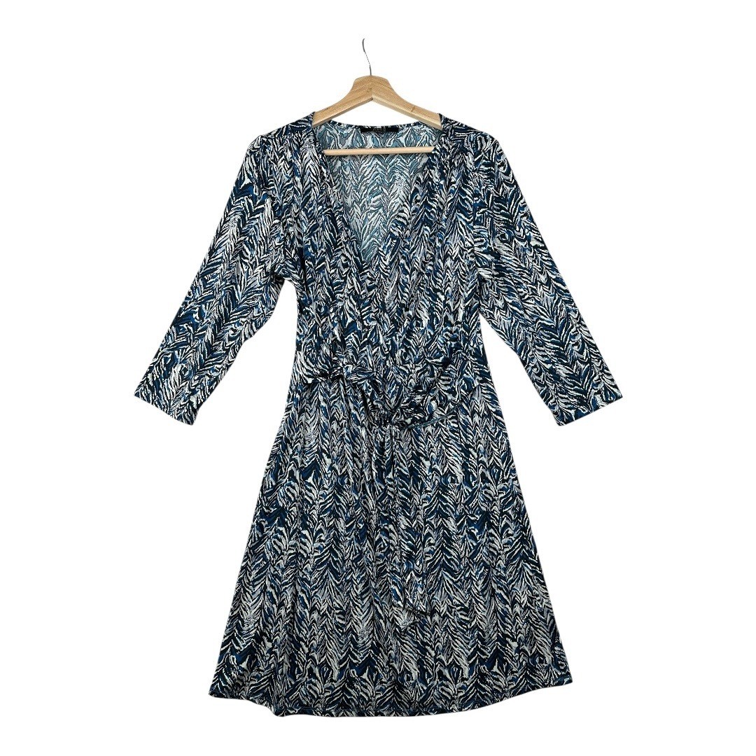 Alex Marie Animal Print Faux Wrap Long Sleeve Dress size Large Blue/Black
