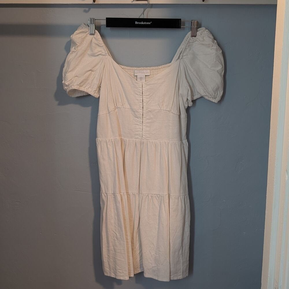 House of Harlow Ivory Puff Sleeve Cottagecore Bustier Linen Blend Sundress