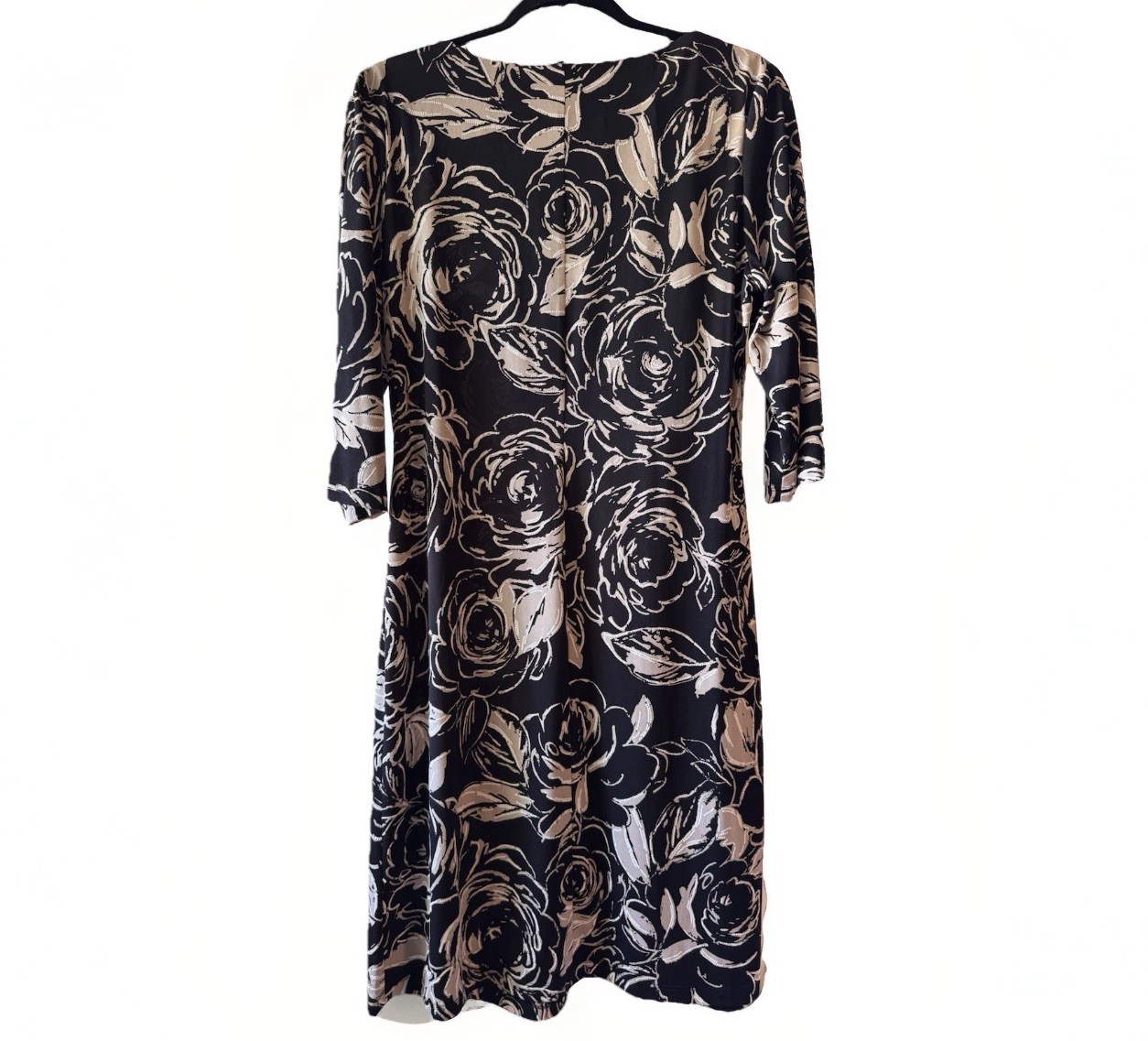 Connected Apparel Black Beige Floral Sheath Dress 20 Jersey V-Neck 3/4 Sleeve