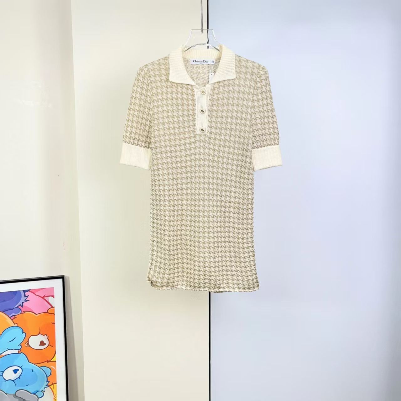 Christian Dior Gold‑Thread Blend Polo‑Collar Knit Mini Dress
