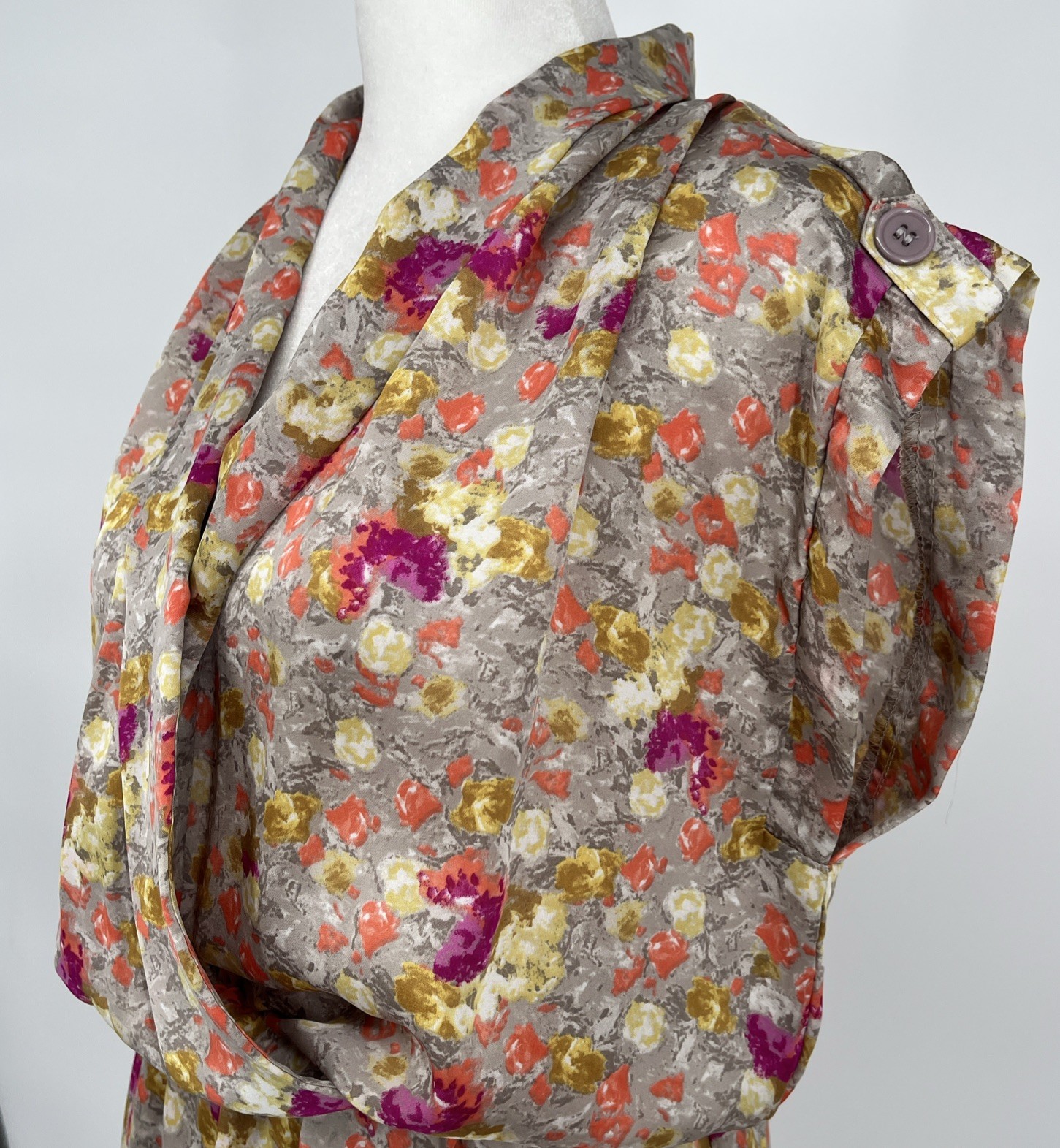 Gold & Orange Floral Mini Faux Wrap Dress Kimono Style Wedding Guest Garden Sz S