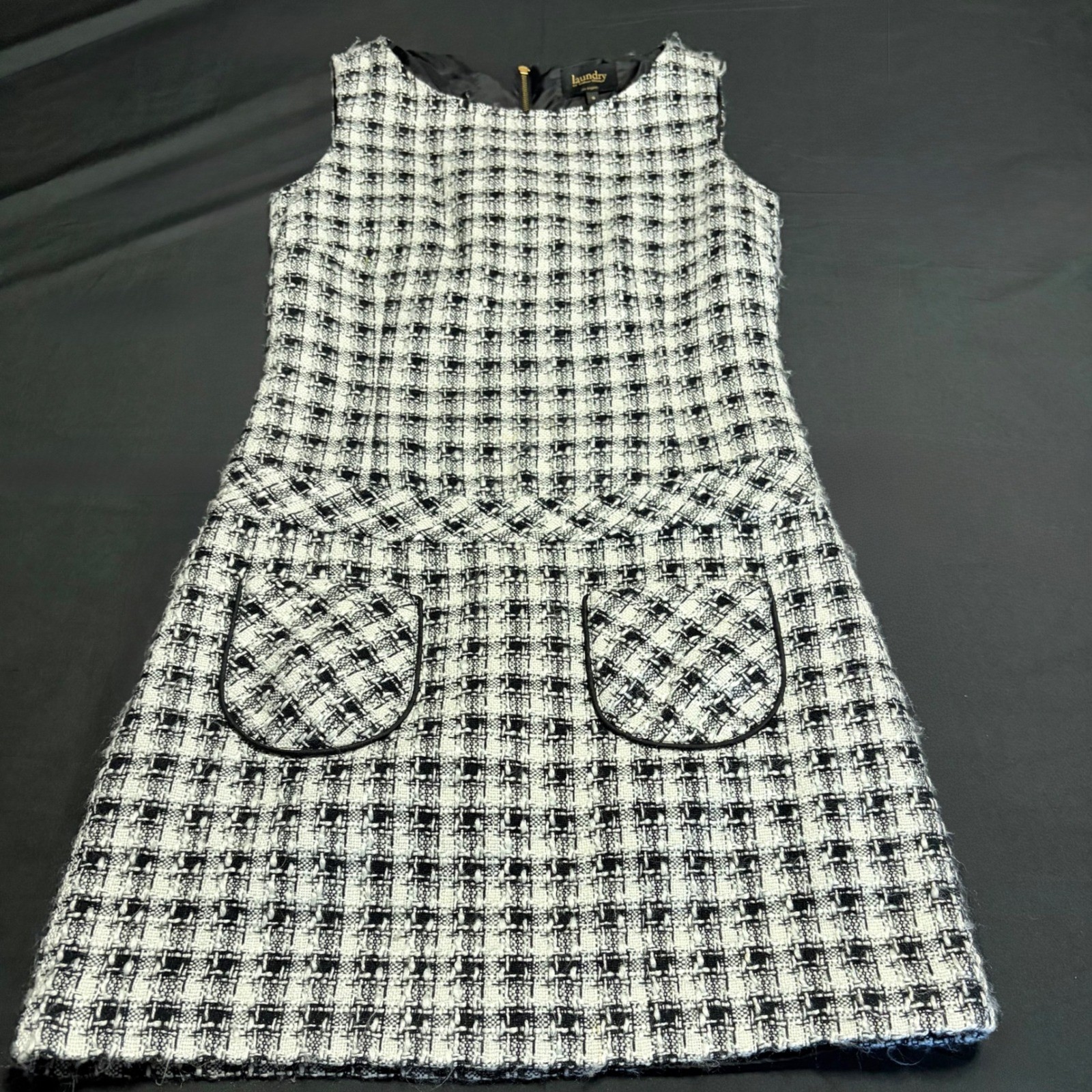 Laundry by Shelli Segal Dress 0 Black White Tweed Boucle Shift Pockets Lined