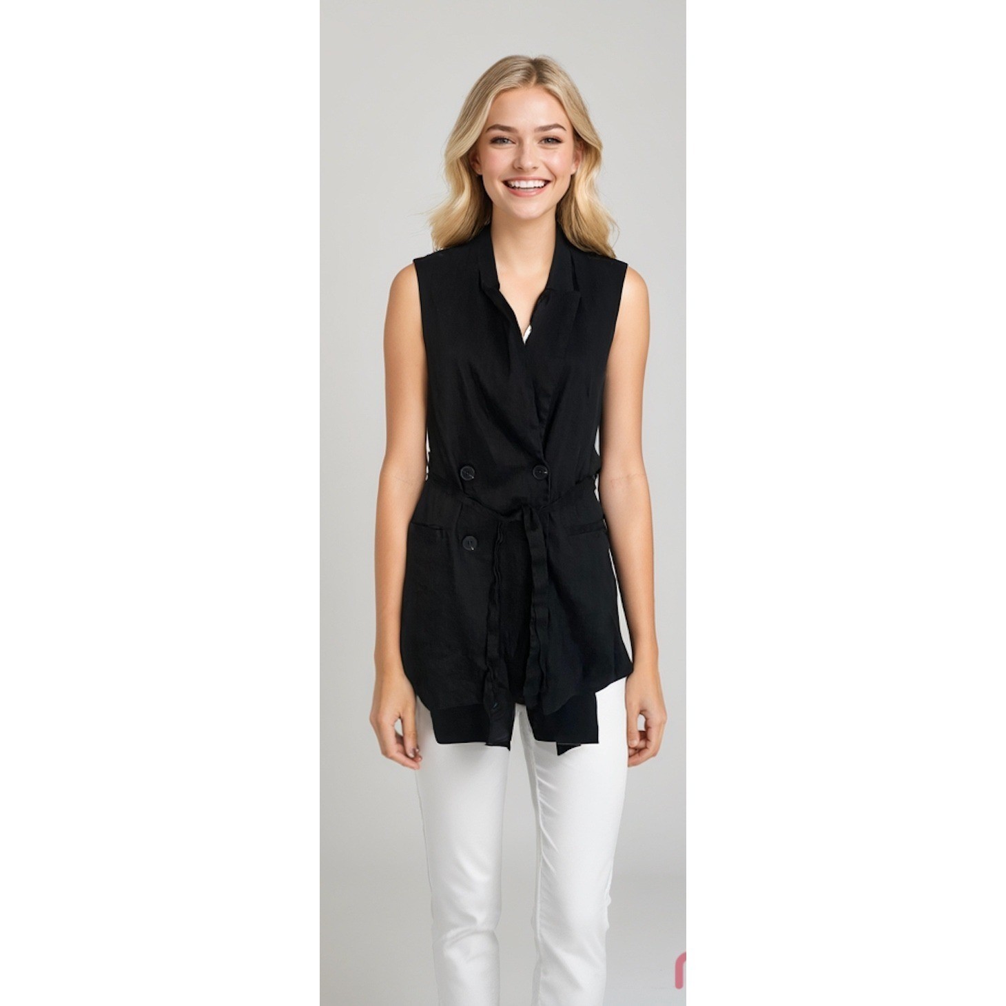 Jason Wu Sleeveless Blazer Blouse Sz M Black Linen Blend Belted Lagenlook