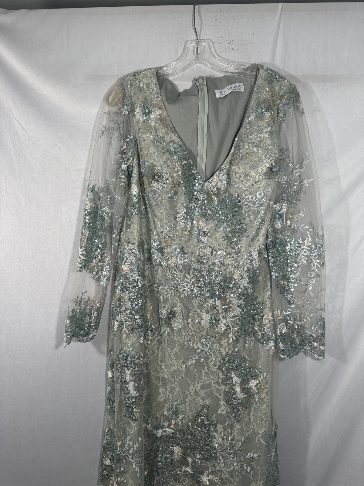 NWT Mac Duggal [ 16 ] 67539 Embellished V Neck Illusion Long Sleeve Gown S791