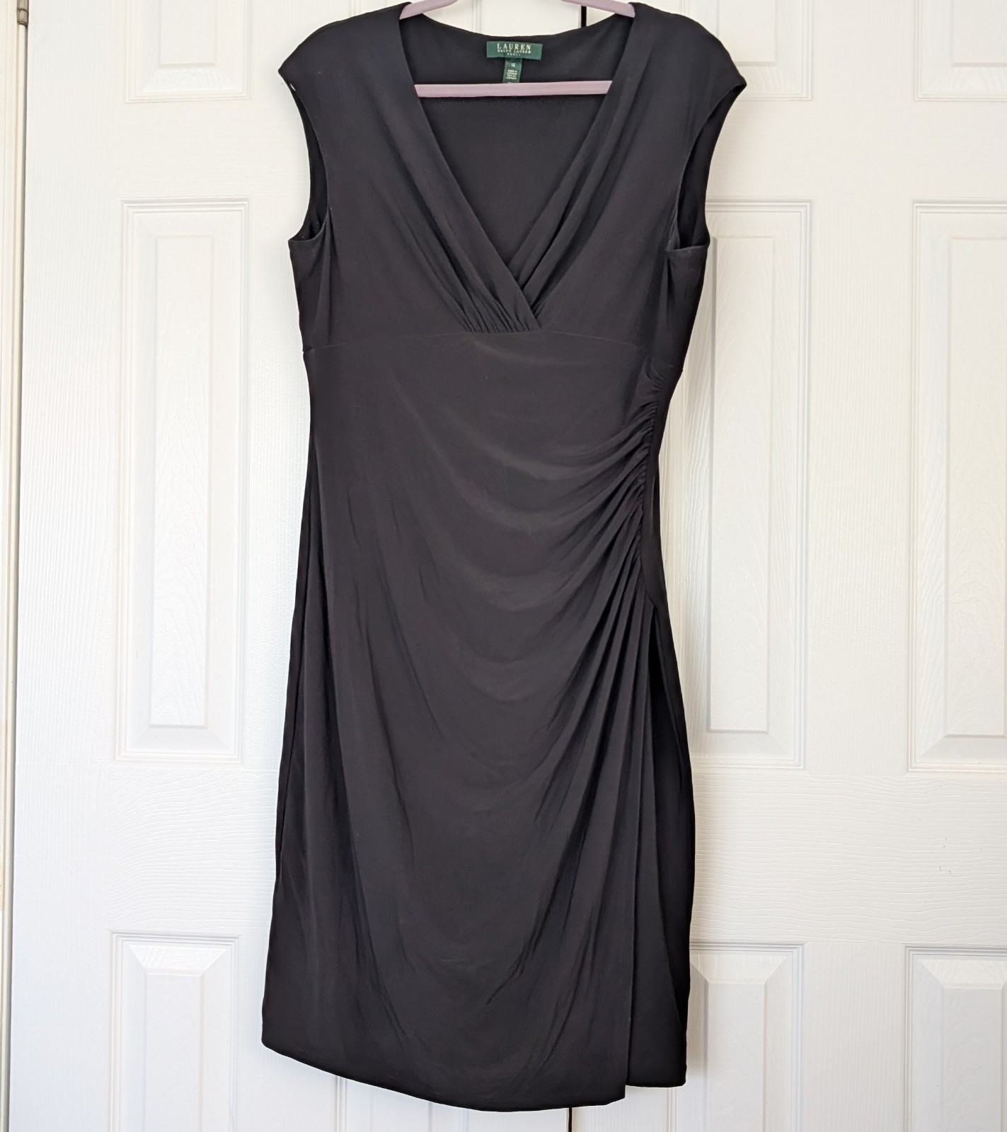 Lauren Ralph Lauren Black Ruched V-Neck Dress Stretch Sleeveless 14