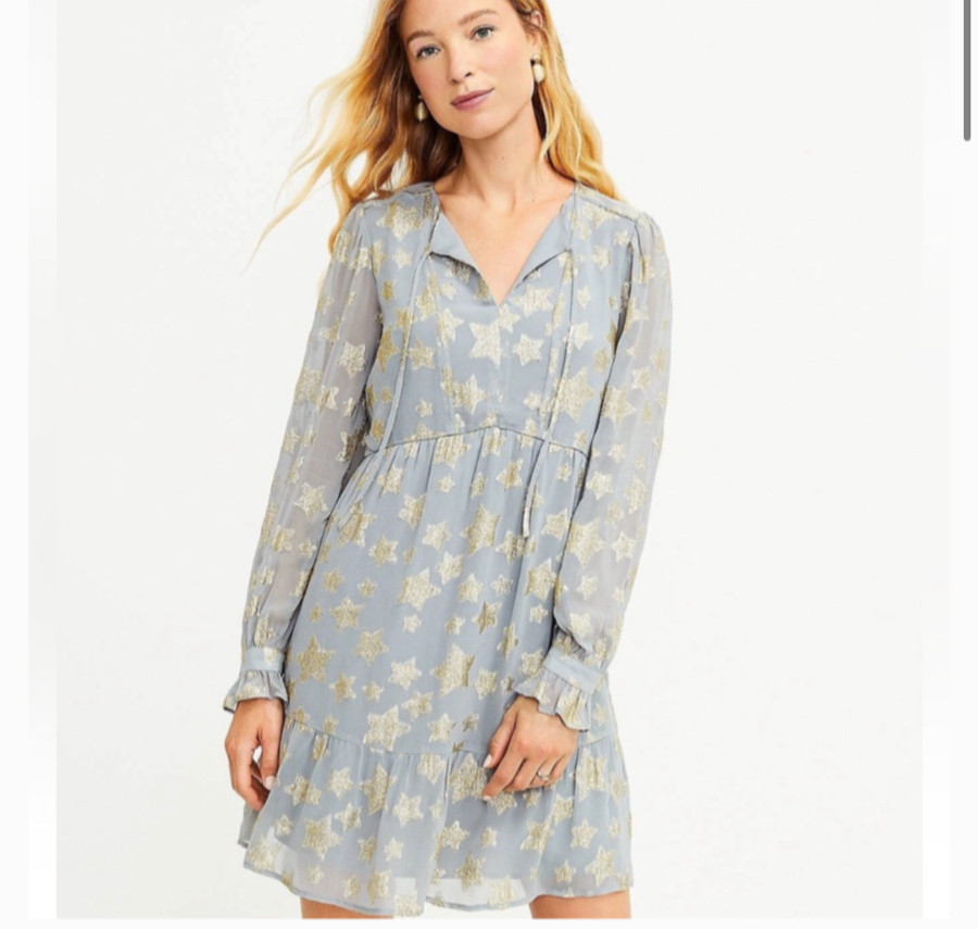 LOFT Tiered Cocktail Celestial Long sleeve Dress Shimmer Star Grey/Gold Medium