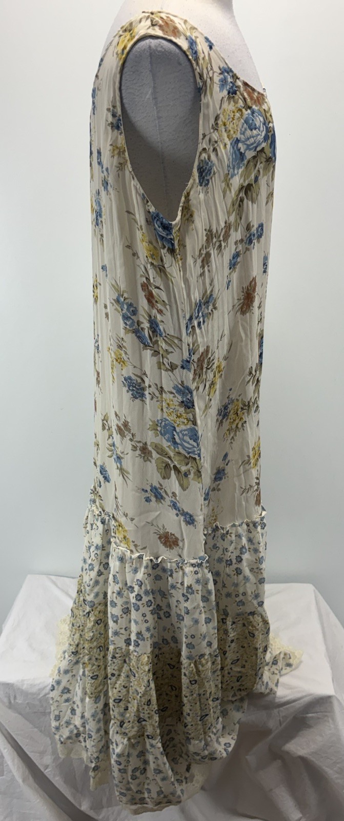 Robbie Bee Floral Patchwork Maxi Dress Womens XL Blue Yellow Crinkle Boho Tiered