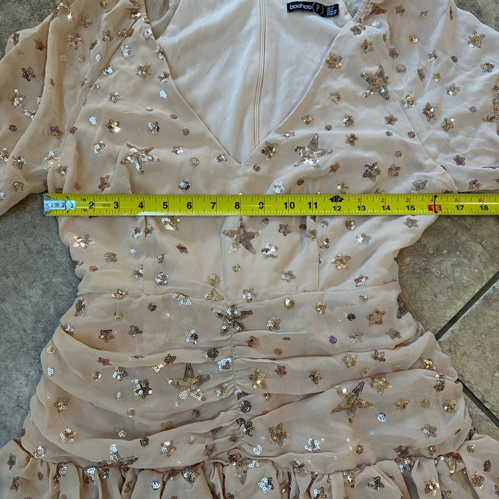 Boohoo Petite Glitter Star Sequin Ruffled Mini Dress Woman’s Size 8