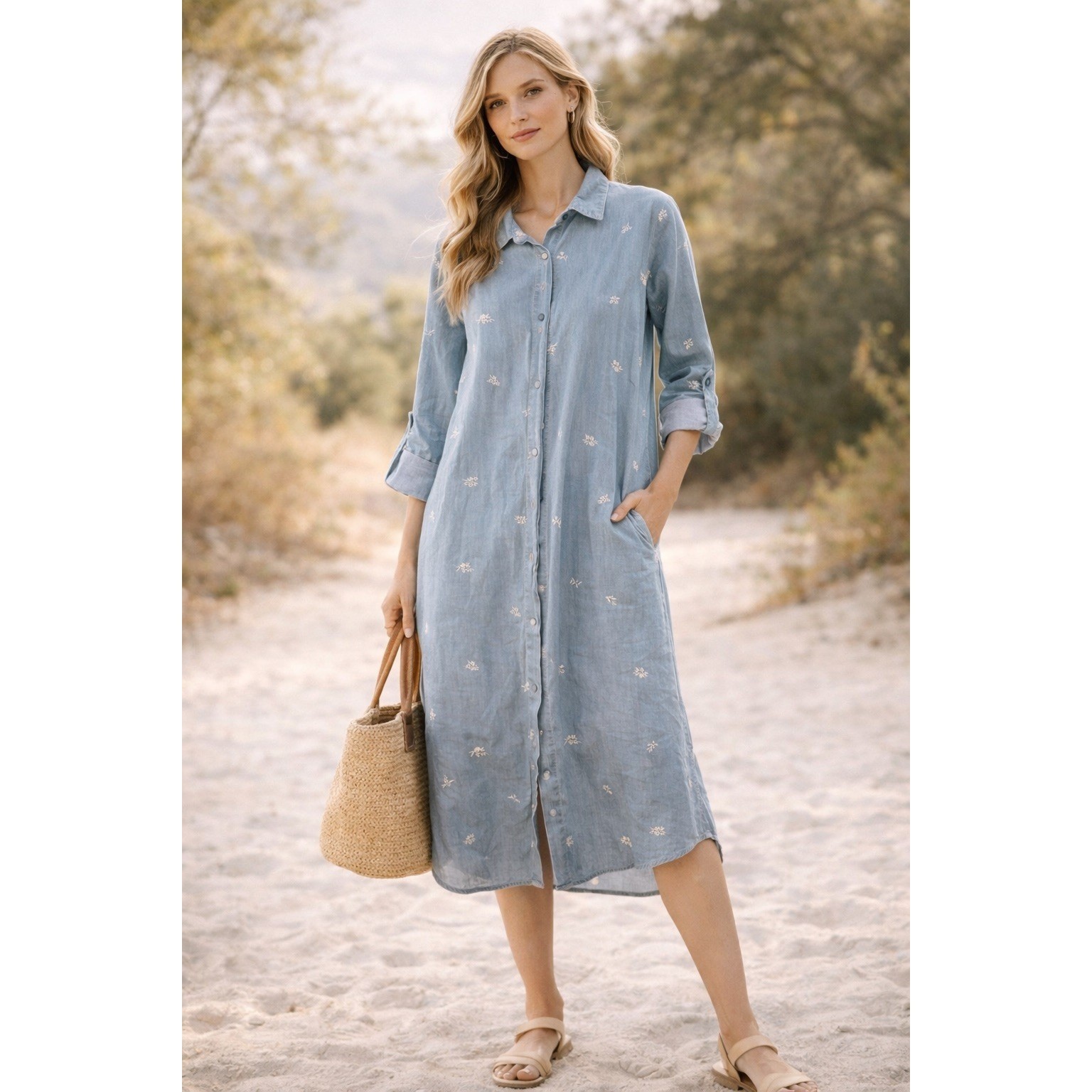 Jane + Delancey Womens S Blue Embroidered Cotton Denim Button Front Shirt Dress