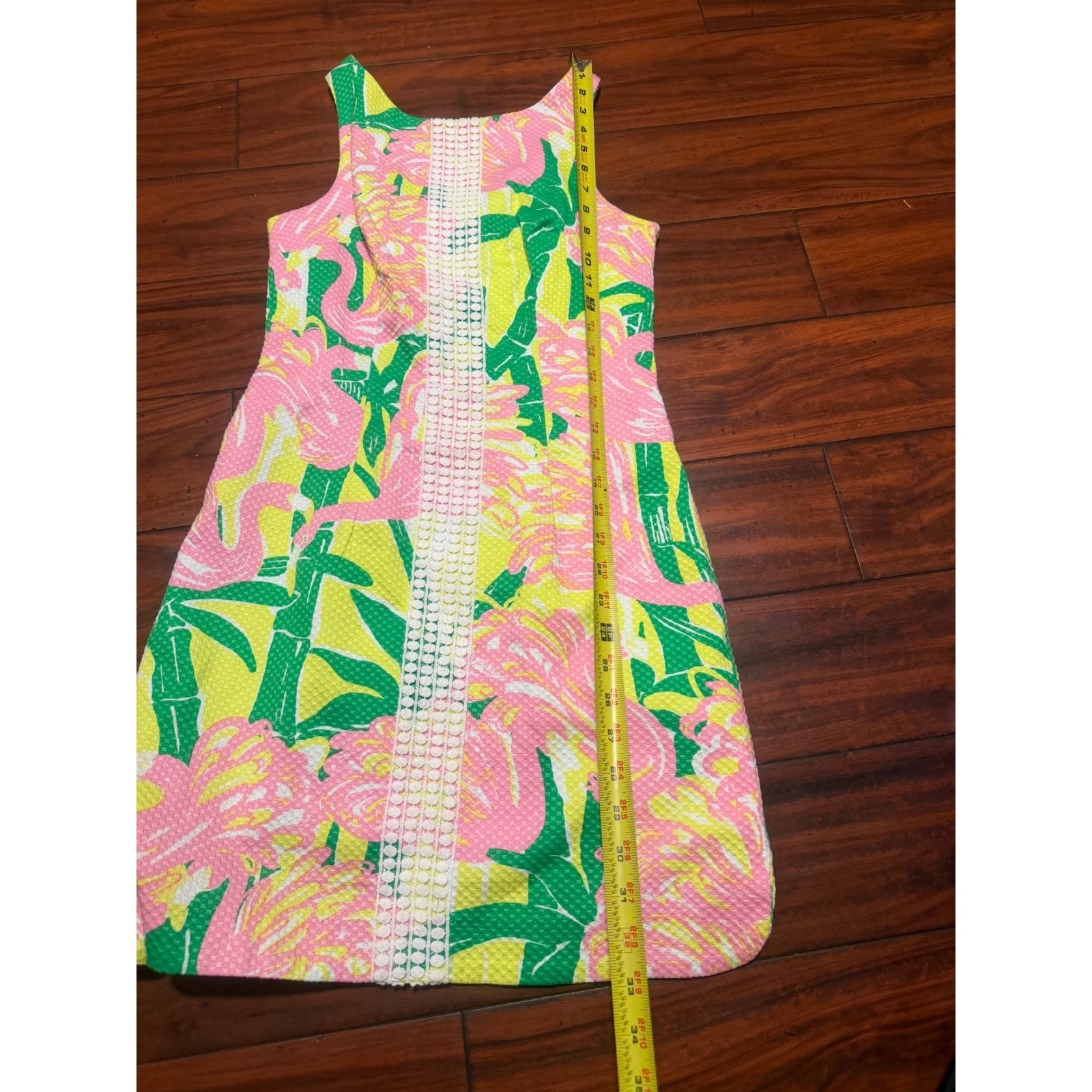 Lilly Pulitzer Flamingo Glee Shift Dress Pink Yellow Green Bamboo Lace Trim 33in