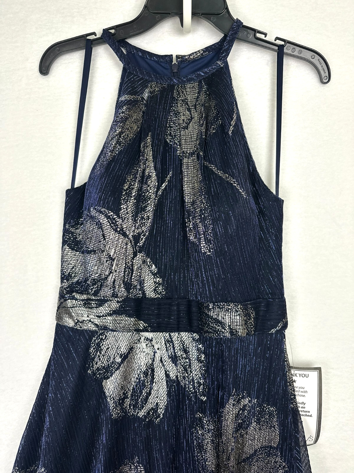 Betsy & Adam Metallic Gown Halter Floral Slit Pockets Formal Navy Silver 8 $289
