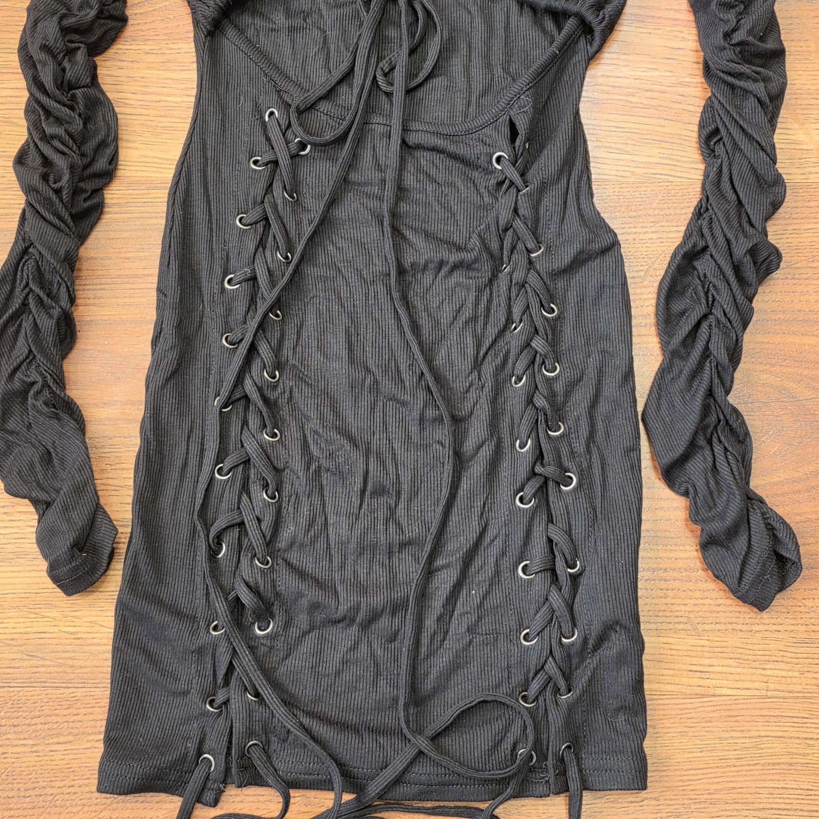 Small Hot & Delicious Black Bodycon Mini Dress Lace-Up Ruched Sleeves Ribbed
