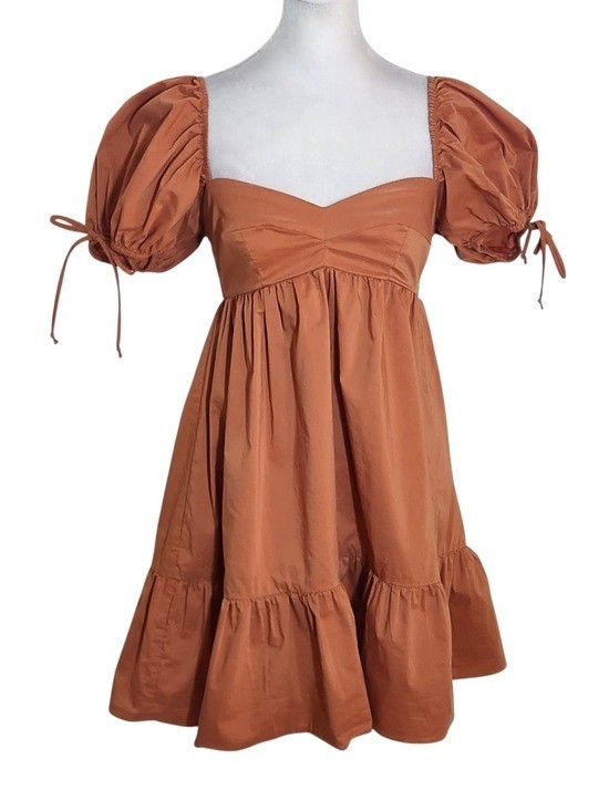 Olivaceous Terra Cotta Puffy Sleeve Mini Dress Size Small Wedding Guest Dress