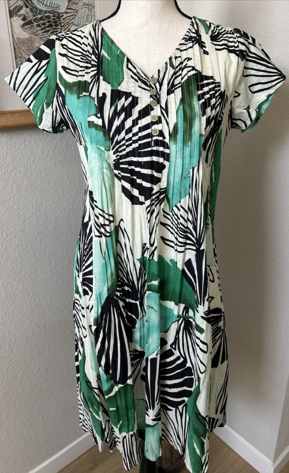 Orientique Naturally Australian Short Sleeve Midi Dress Artsy Palm Leaf Tropical