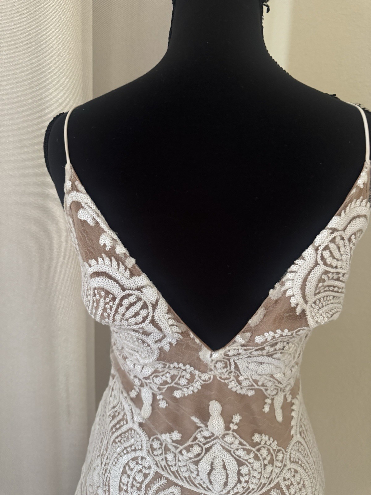 Free People Night Shimmers Sequin Lace Mini Dress Nude Ivory Size 4 Boho