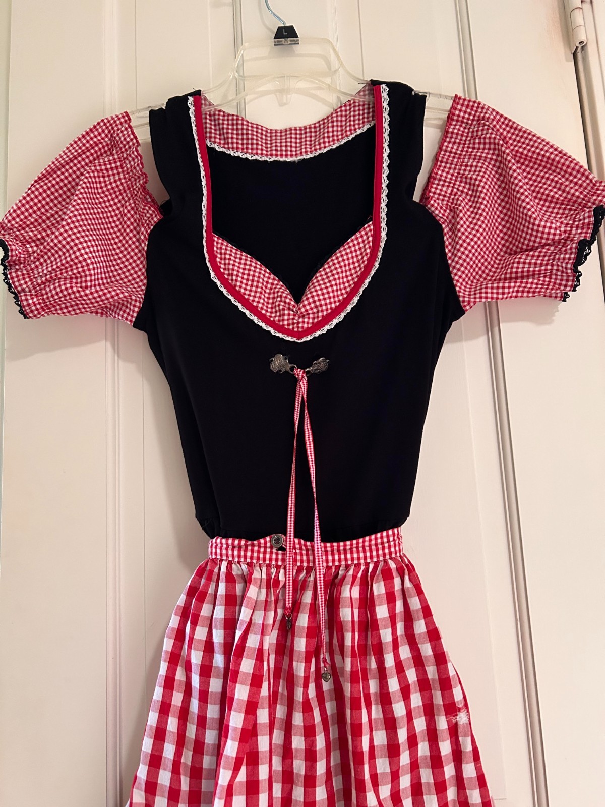 Oktoberfest Dirndl 2 pc Short Black/Red Check Off the Shoulder V-Neck Dress