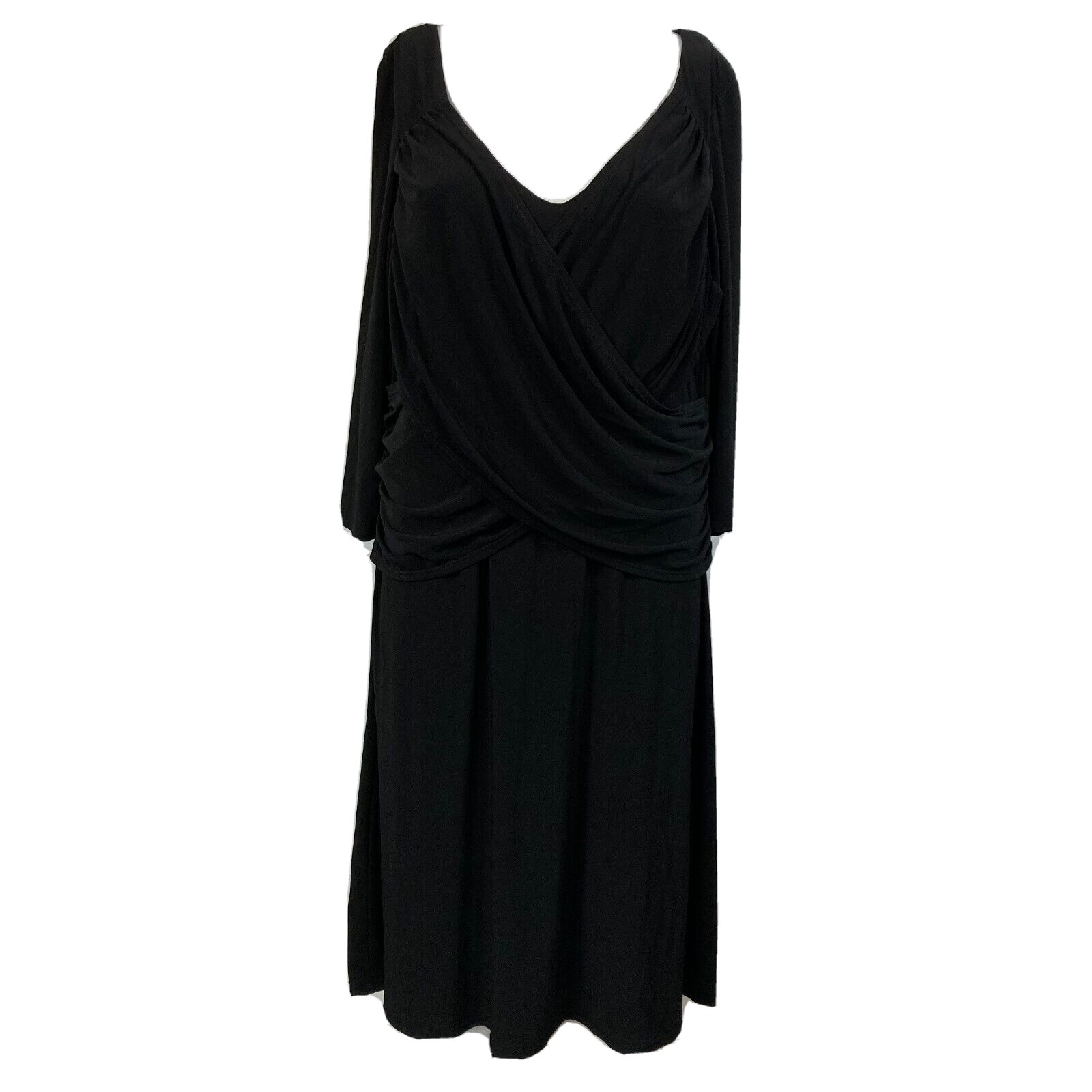 B-Slim Dress Womens Sz 1X Plus Black Jersey Knit 3/4 Sleeve Faux Wrap A Line