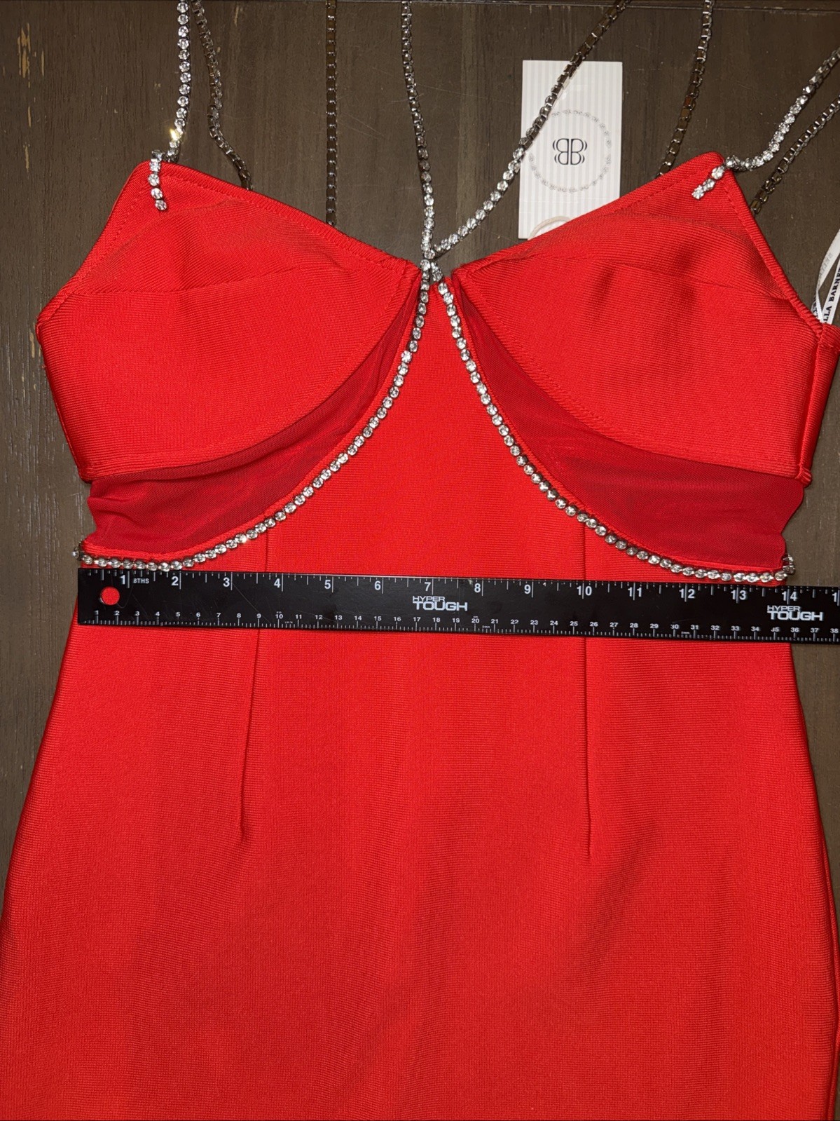 Bella Barnett Red Rhinestone Chain Strap Maxi Dress Sweetheart Neck Polyester L