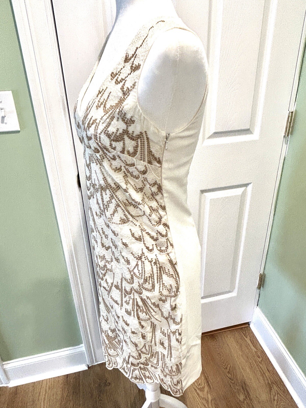 Monsoon UK Ivory Gold Cascading Sequins Shift Dress Size 4 Summer Cocktail Party