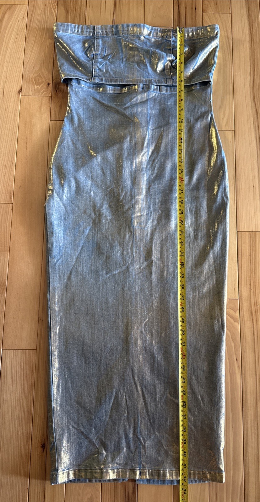 AKIRA Label Im Gold Denim Coated Midi Dress Back Zip Women’s Size L Multi