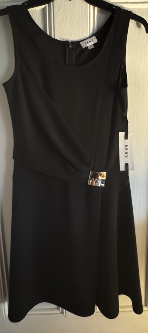 NWT DKNY Dress Size 8 Black Sleeveless MIDI Zipper Faux Wrap, Silver Buckle Poly