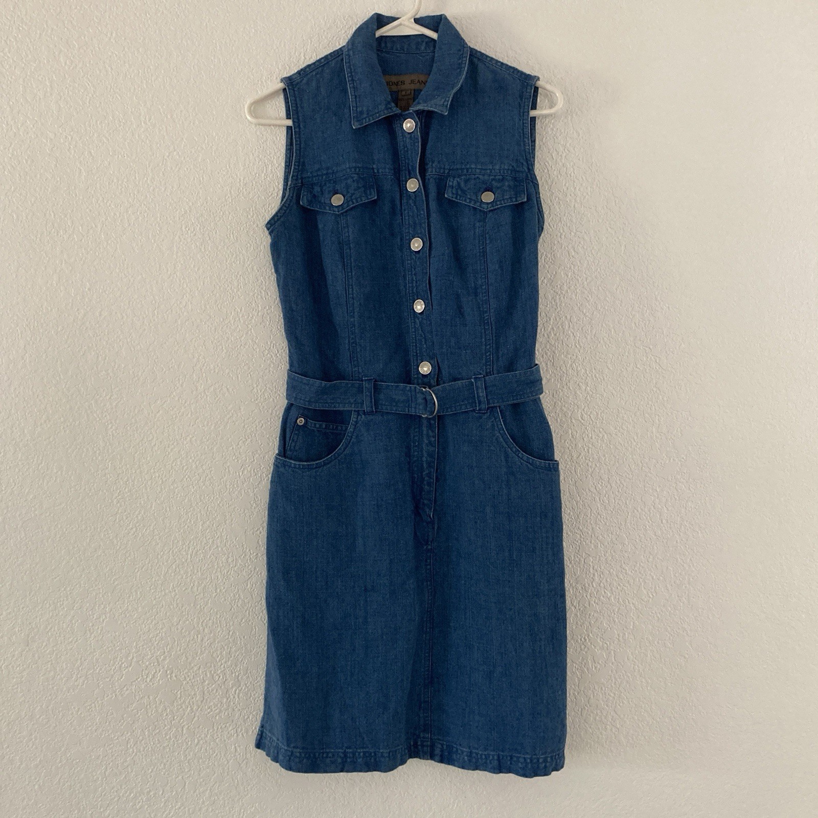 Vintage Jones Jeans 100% Linen Sleeveless Denim-Look Dress Belted Size 6
