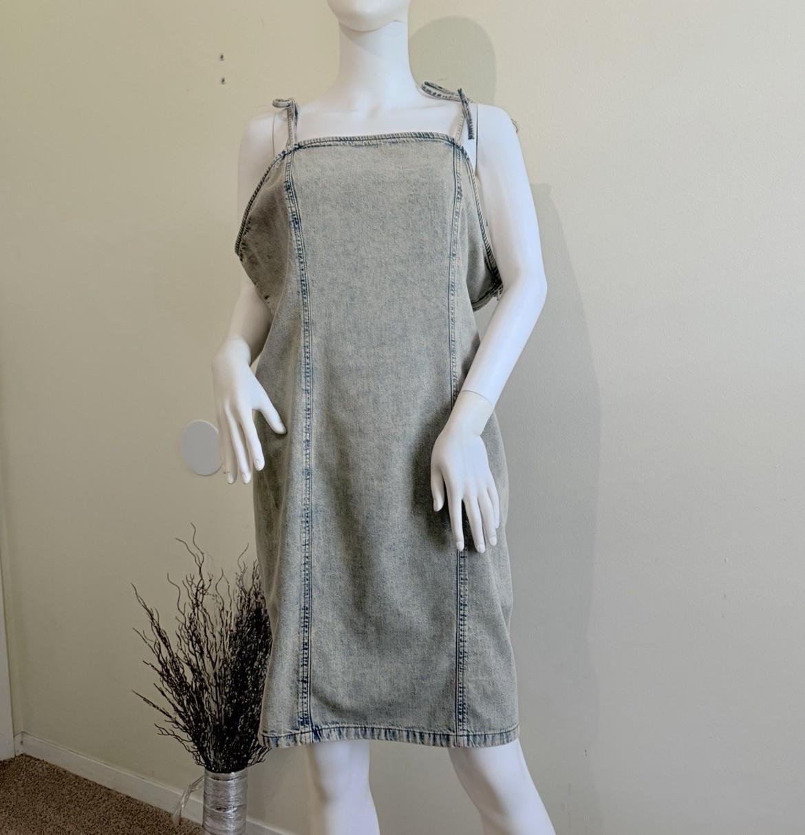 Monki Blue Denim Tie Strap Open Back Square Neck Knee Length Dress 50