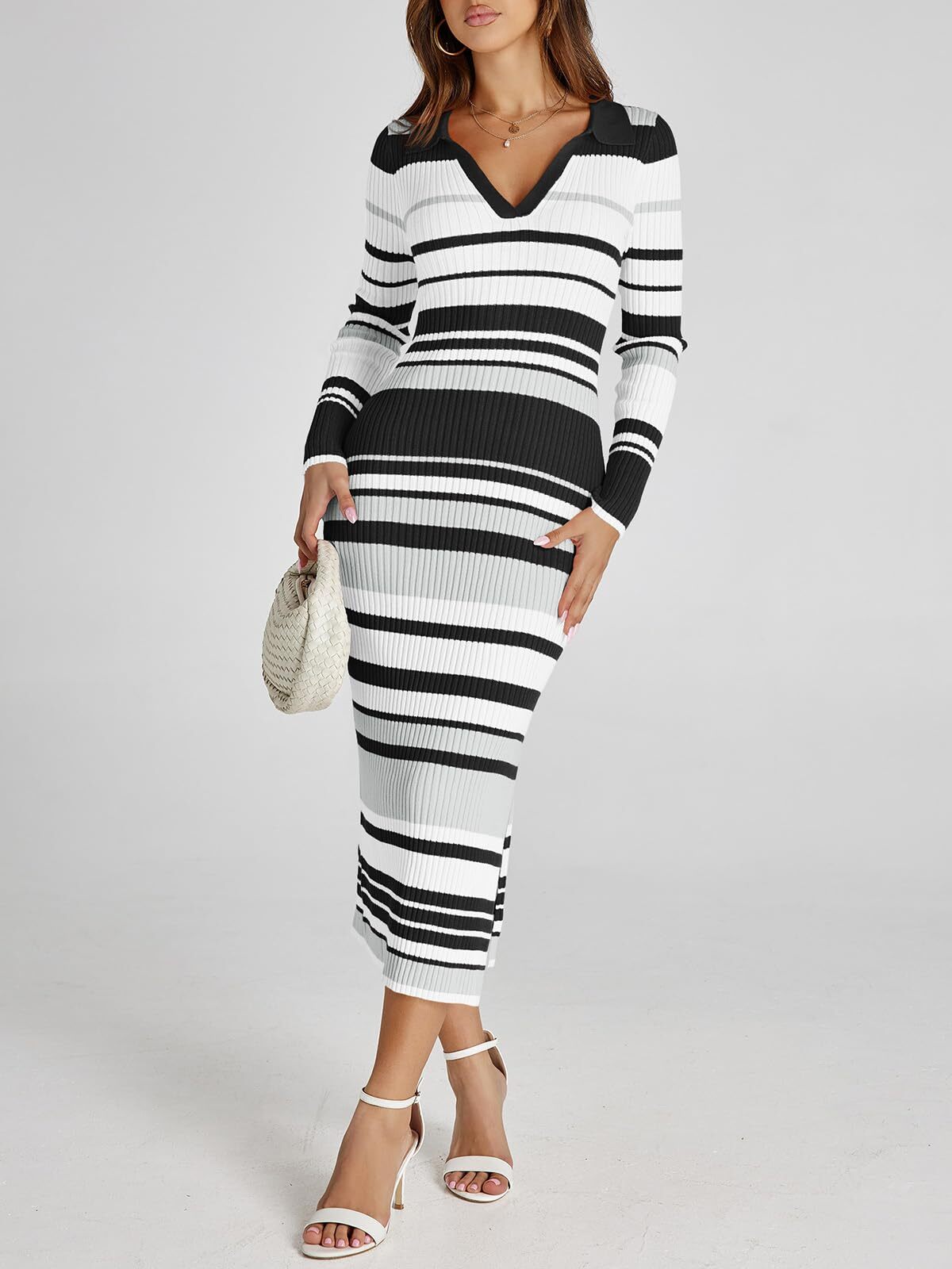 Womens Striped Sweater Dress V Neck Collared Slim Fit Midi Dress (Black S)