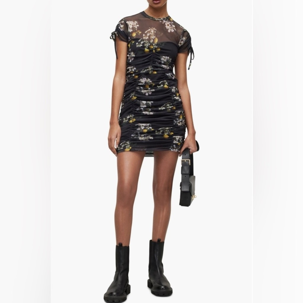 AllSaints – Giorgia Eugenia Floral Lemon Print Minidress w Ruching – size 6