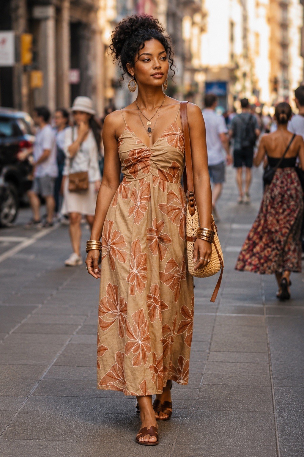 Women’s tan orange white Floral V-Neck Smocked Beaded Tie Back Maxi Dress S