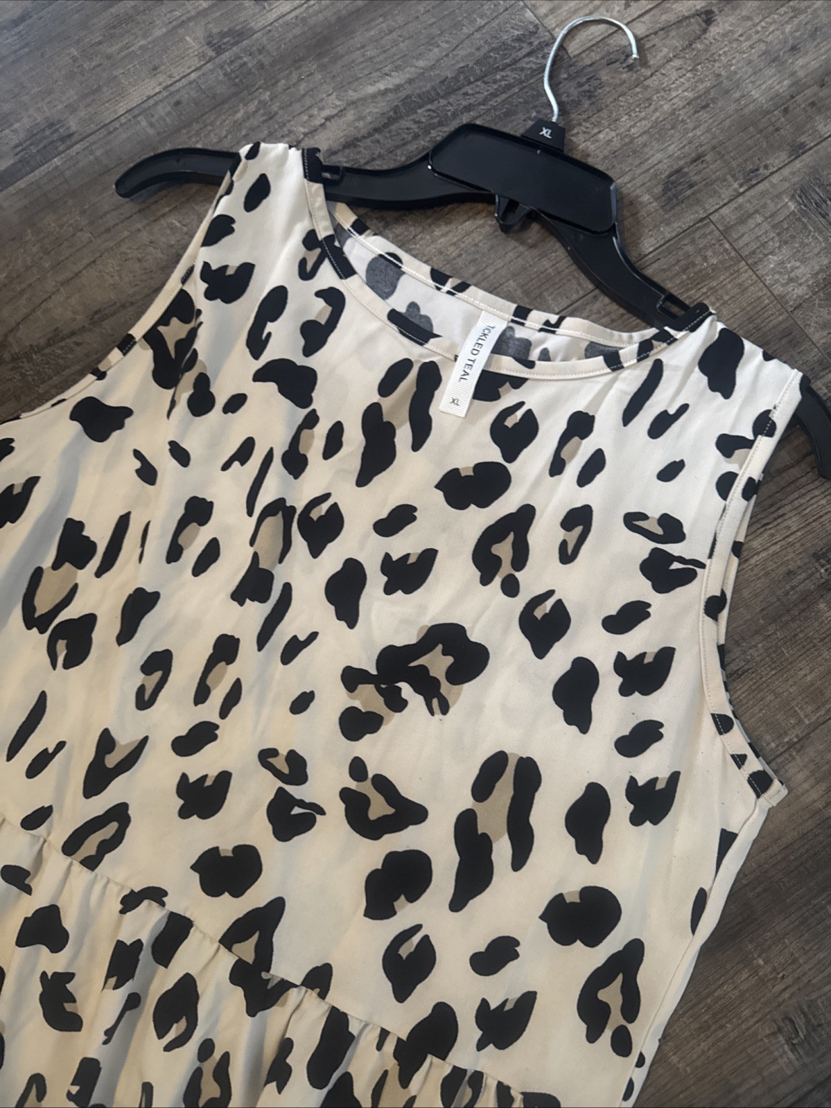 Tickled Teal Maxi Leopard Print Dress Sleeveless XL Tan Blk Trendy Soft Knit
