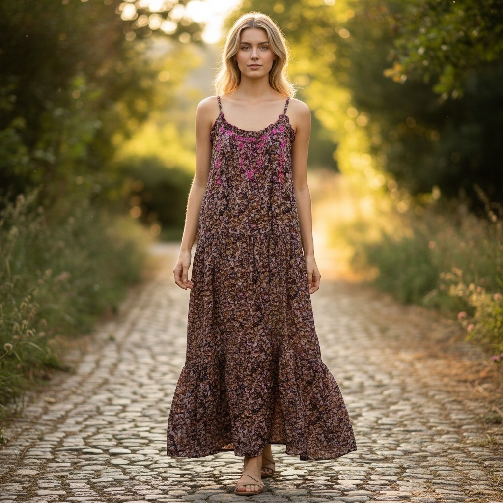 Natural Life Womens XS/S Floral Tiered Midi Dress Pink Embroidered Pockets Brown