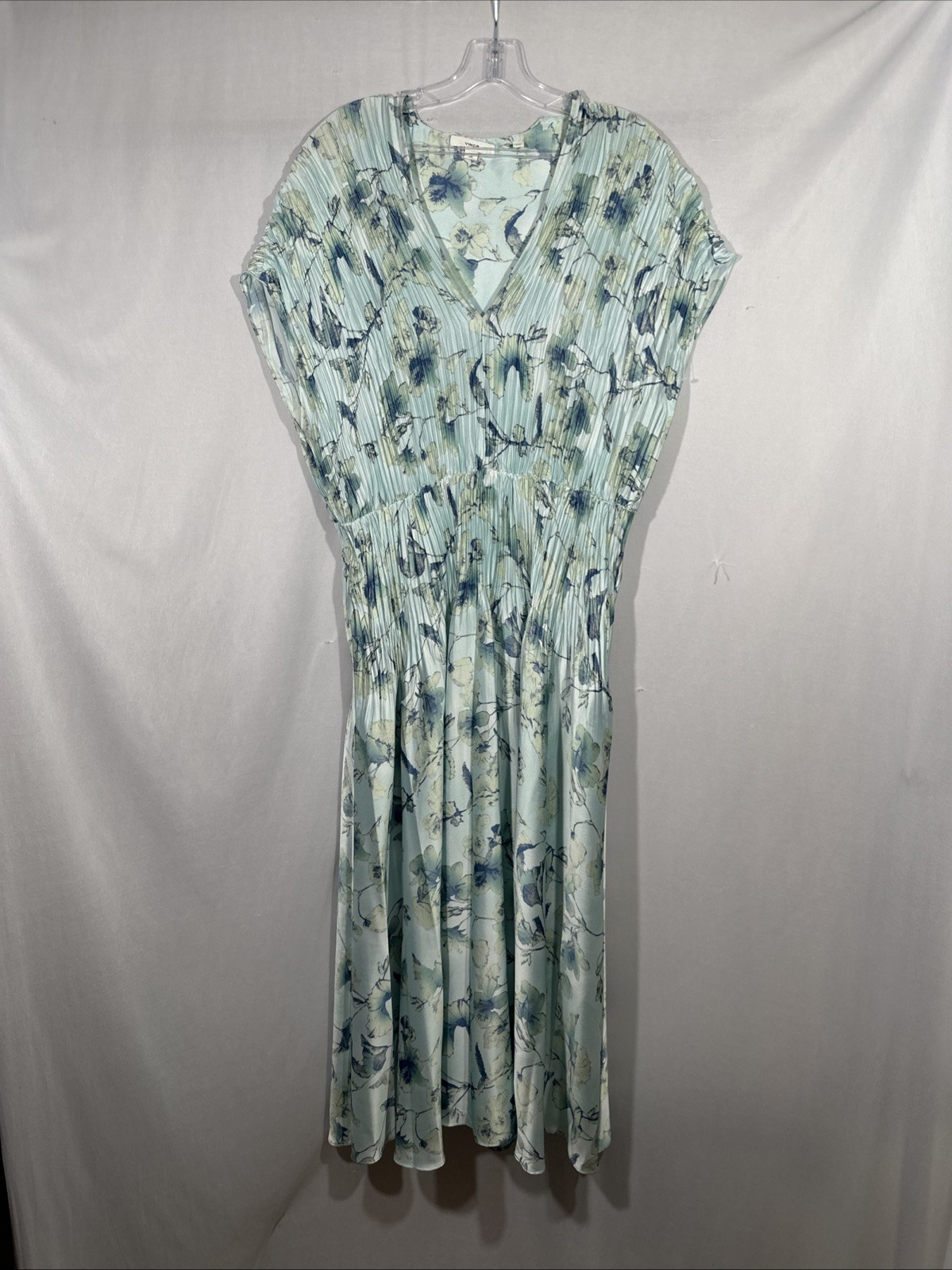NEW VINCE [ Large ] Flora Crushed Cap Sleeve V-Neck Dress in Blue Floral U1710