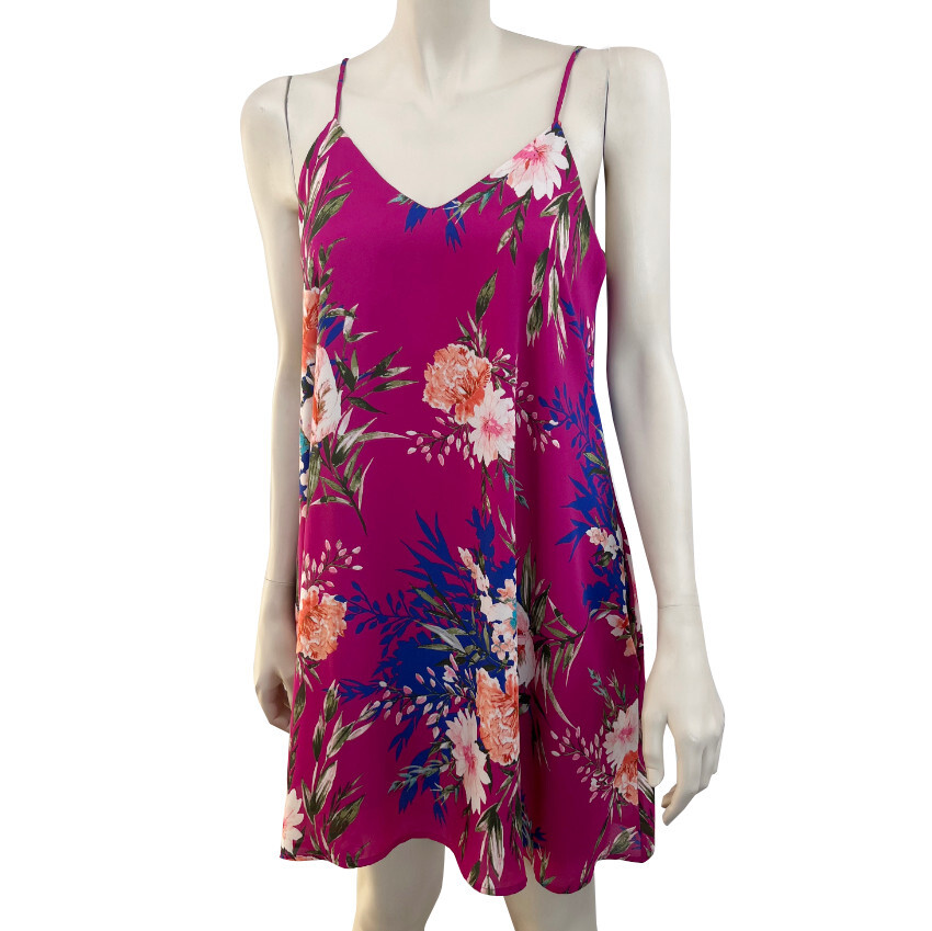 Womens Beach Love Small Magenta Floral Tank Dress Lined